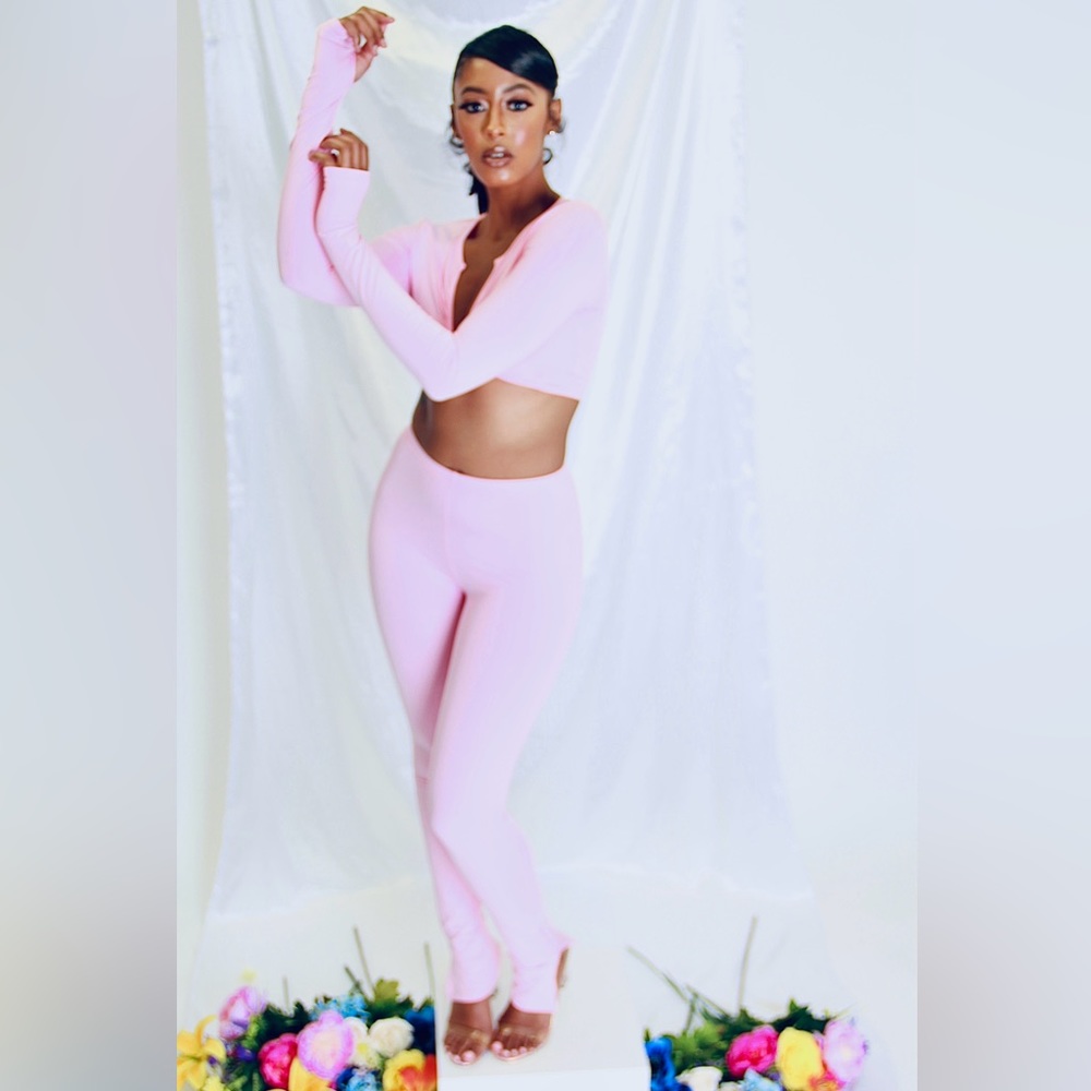 Pink two-piece crop and extended pant set